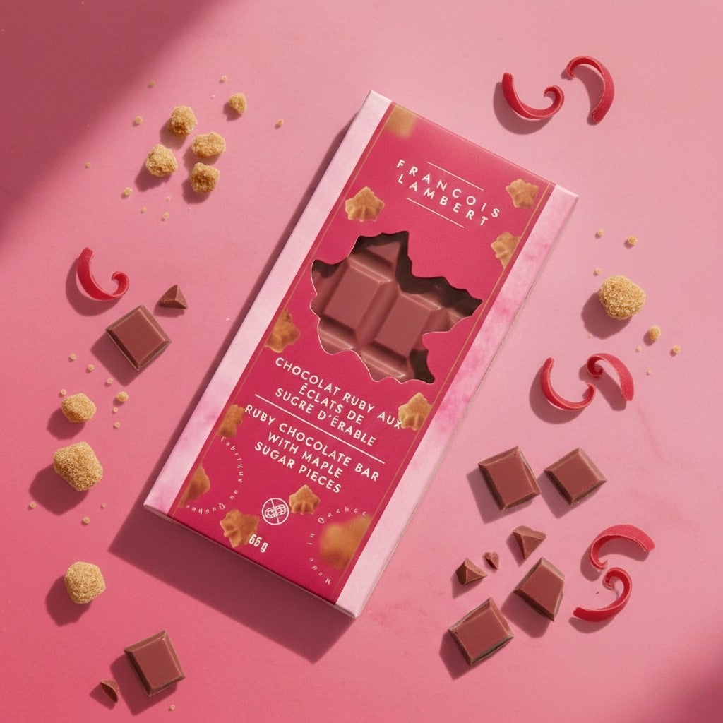 Tablette de chocolat Ruby aux éclats de sucre d’érable