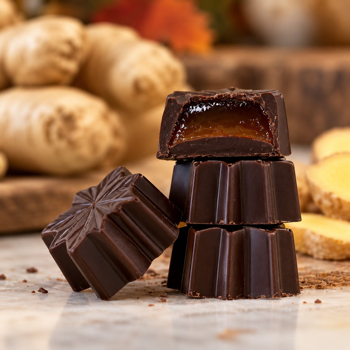 4 chocolats noirs farcis à la gelée de gingembre