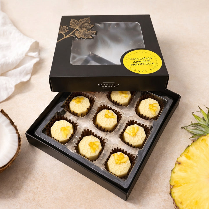 White chocolates filled with Piña Colada-style filling – Box of 9