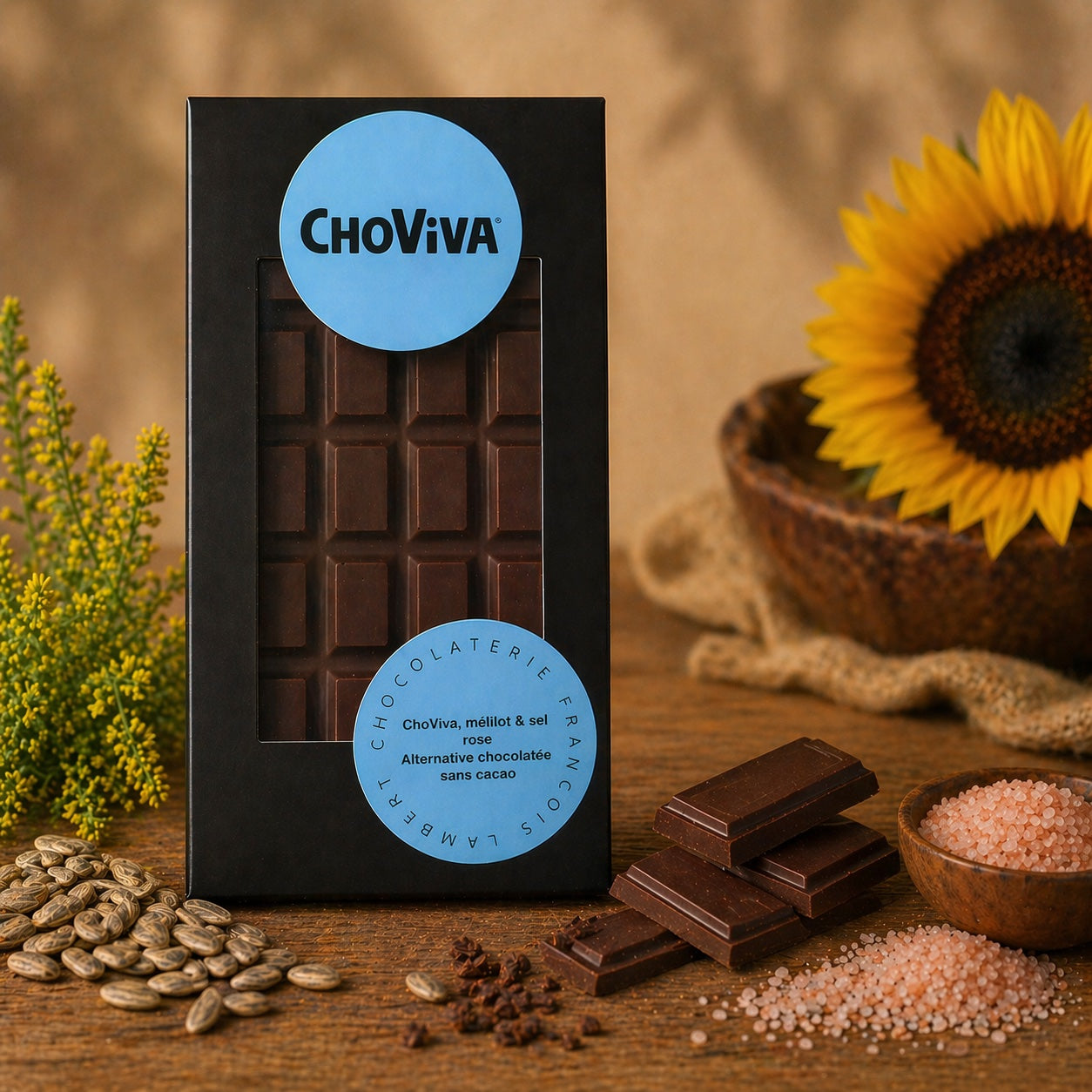 Tablette ChoViva, mélilot & sel rose – Alternative chocolatée sans cacao