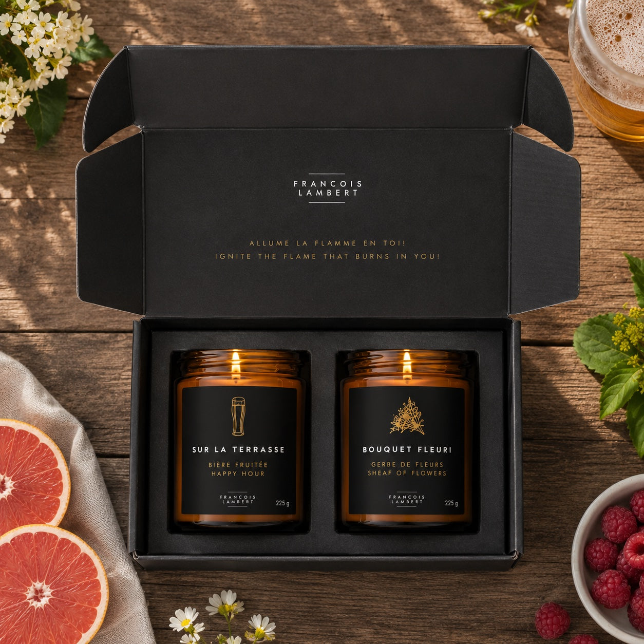 Duo bougies de soya de juillet – Bière fruitée & Gerbe de fleurs