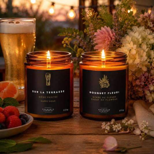 Duo bougies de soya de juillet – Bière fruitée & Gerbe de fleurs
