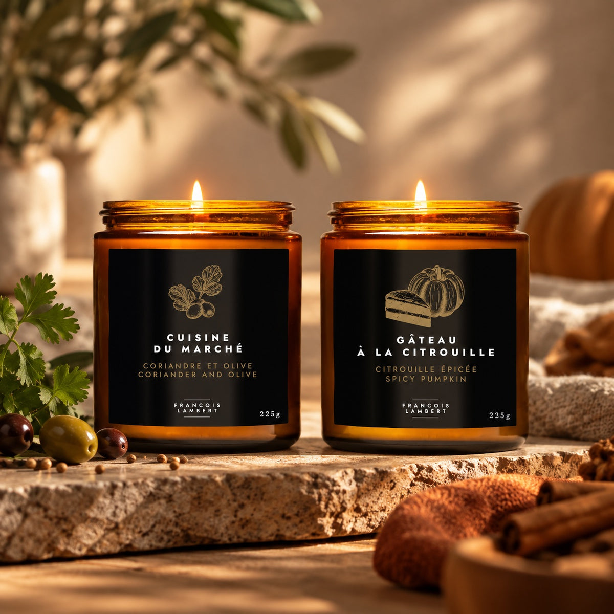 Duo bougies d'octobre – Citrouille épicée & Coriandre et olive