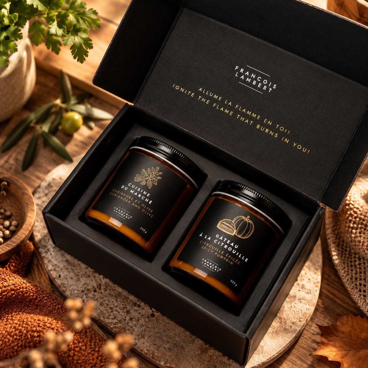 Duo bougies d'octobre – Citrouille épicée & Coriandre et olive