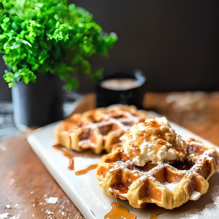 Gaufres belges garnies de crème fouettée et nappées de sirop d&