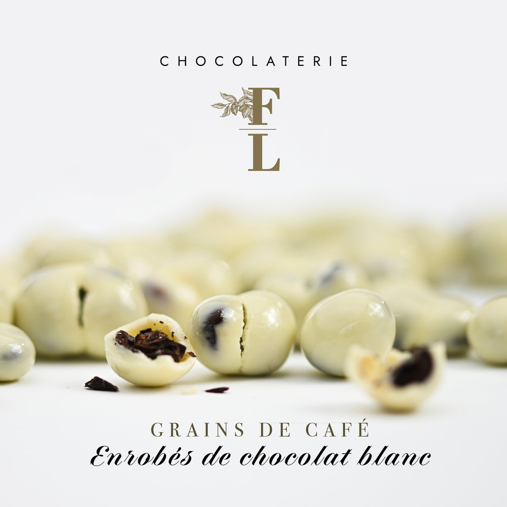 grains de café enrobés de chocolat blanc