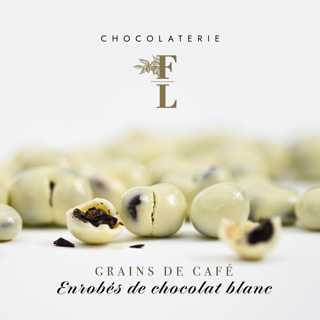 grains de café enrobés de chocolat blanc