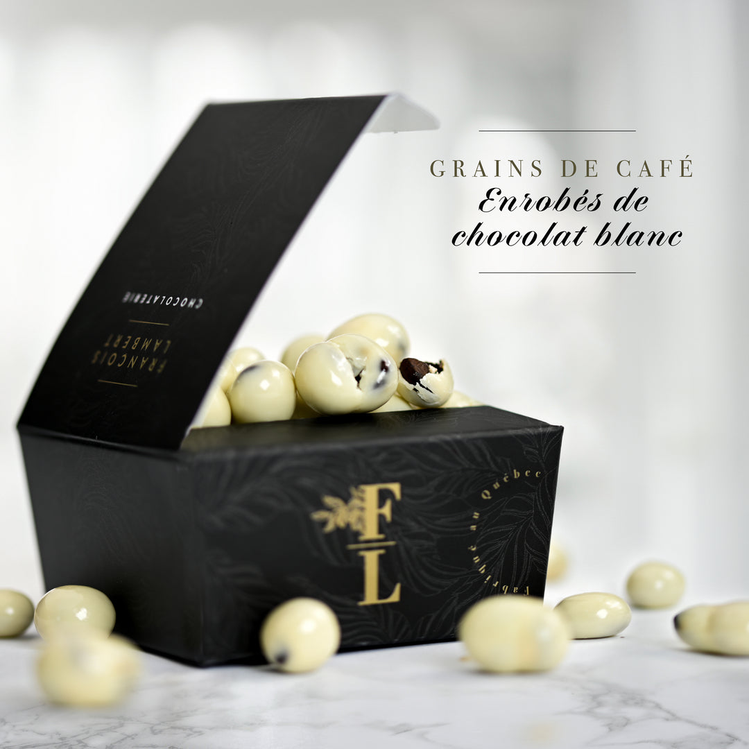 grains de café enrobés de chocolat blanc