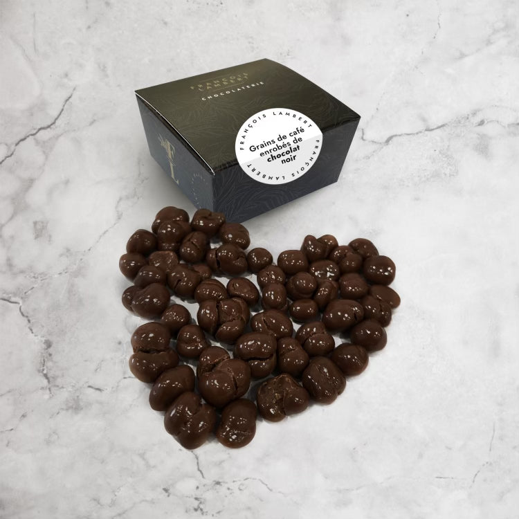 Coffee beans coated with dark chocolate