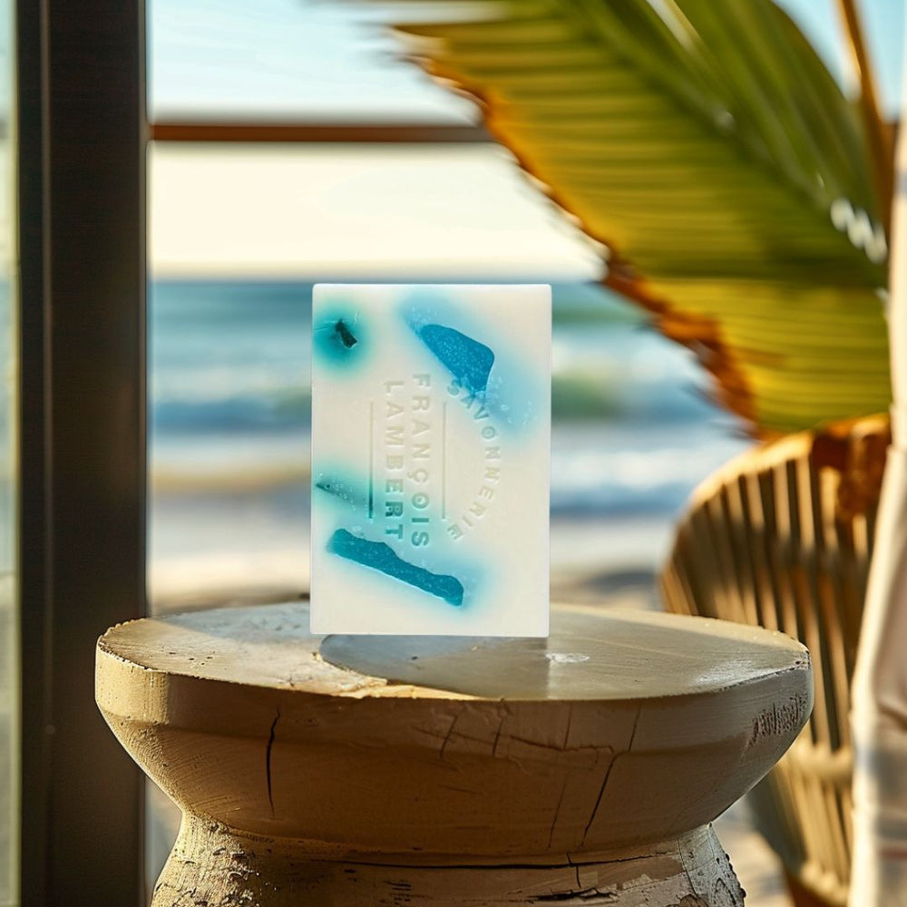 savon debout sur un tabouret devant un décor de plage
