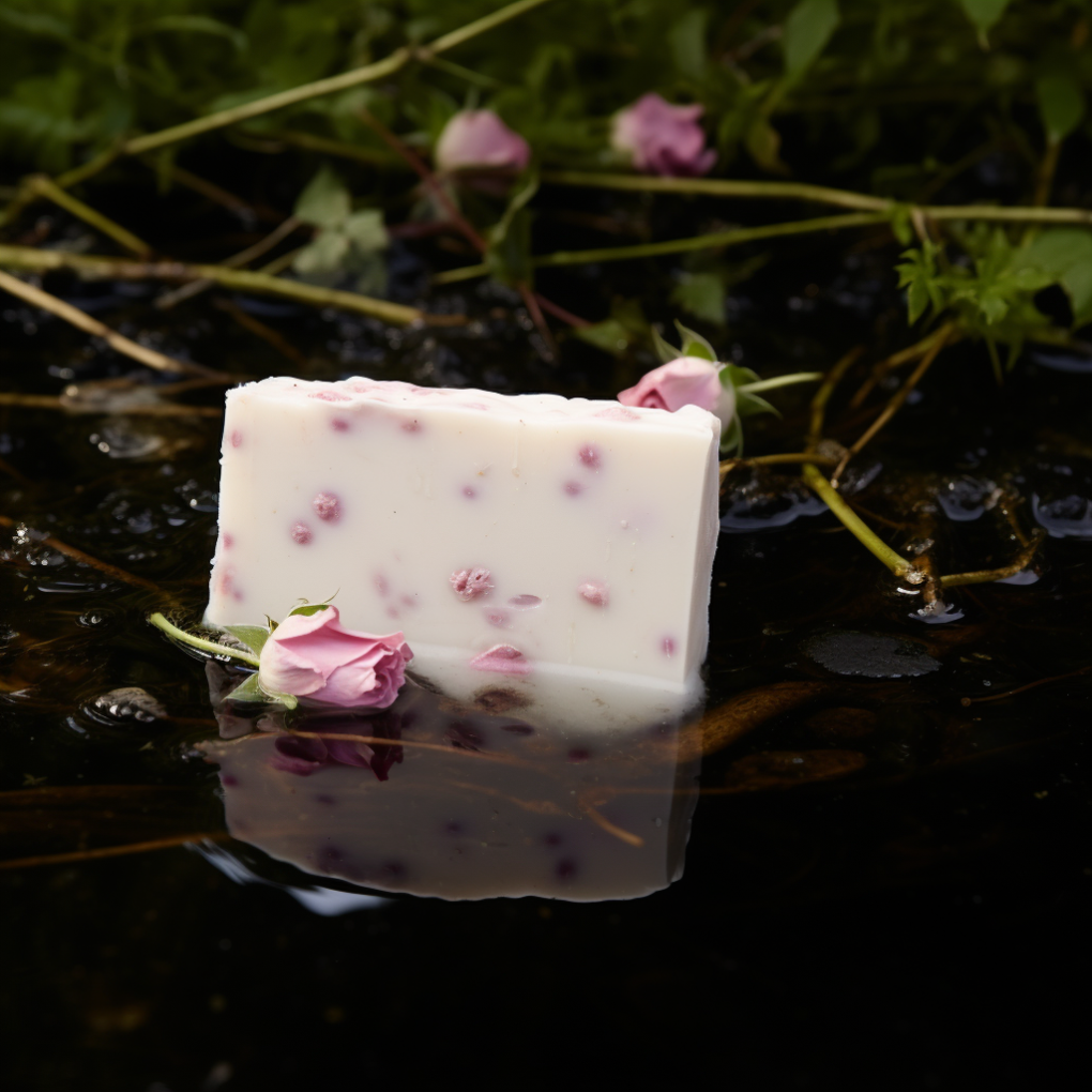 savon blanc avec des taches roses sur le bord de l'eau