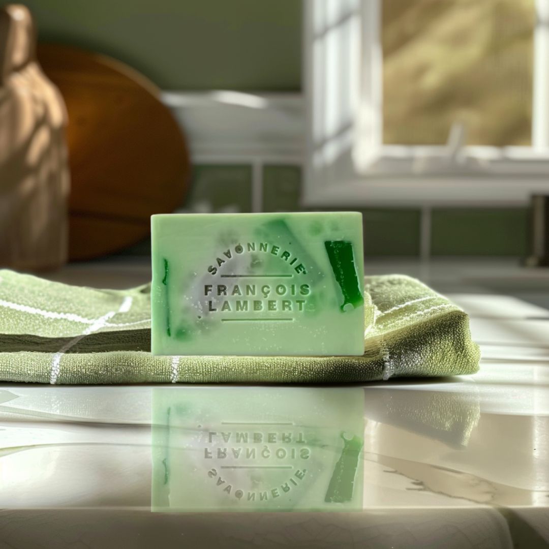 Savon au lait de brebis sur un comptoir. La fragrance est au lait de brebis et il y a une fenetre à l&