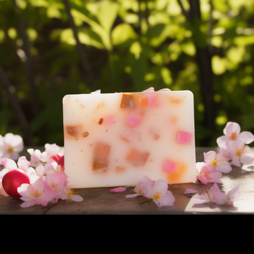 savon au lait de brebis sur une table avec des fleurs de pommiers