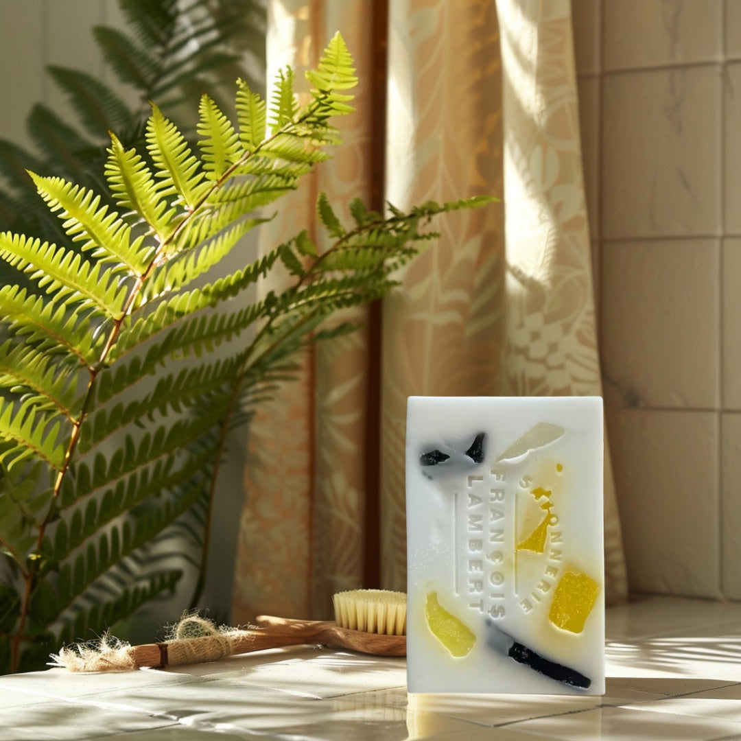 savon au lait de brebis sur un comptoir avec une plante verte sur le côté gauche
